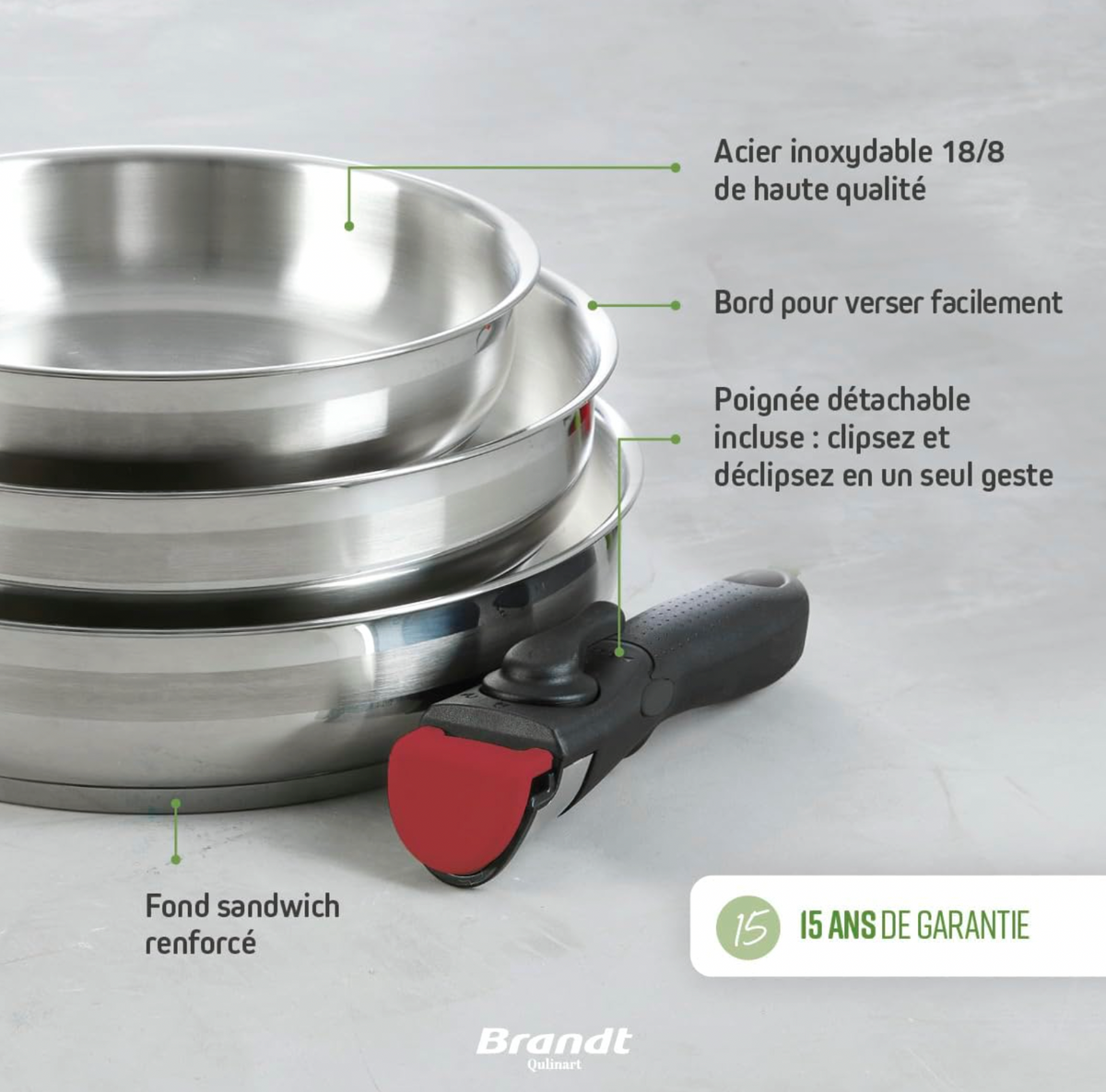 Brandt Batterie de Cuisine Inox 10 Pièces Sans PFOA/PFAS